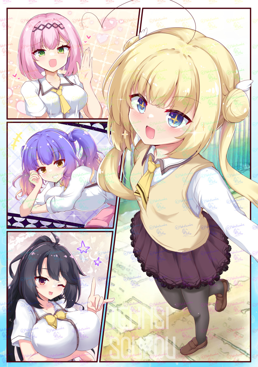 +_+ 4girls :d ;d absurdres ahoge arm_under_breasts black_pantyhose blonde_hair blue_eyes blue_hair blunt_ends blush bob_cut bow bowtie breasts brown_shoes brown_skirt collared_shirt commentary_request copyright_name crossed_bangs double_bun foreshortening fox_shadow_puppet frilled_skirt frills from_above full_body gradient_hair green_eyes grin hair_between_eyes hair_bun hair_ornament hairclip hakutocake hand_up happy heart heart_ahoge heart_in_eye highres hoshikawa_kaguya impossible_clothes kohibari_kurumi large_breasts loafers long_hair looking_at_viewer lying medium_hair mizuka_academy_school_uniform multicolored_hair multiple_girls necktie on_stomach one_eye_closed open_mouth pantyhose pink_hair pleated_skirt ponytail school_uniform shirayuki_noa shirt shoes short_sleeves sidelocks signature simple_background skirt smile solo_focus sparkle standing standing_on_one_leg star_(symbol) straight_hair suspender_skirt suspenders sweater_vest symbol_in_eye tanikaze_amane tenshi_souzou_re-boot! twintails twitter_username very_long_hair watermark waving white_shirt wing_hair_ornament x_hair_ornament yellow_bow yellow_bowtie yellow_eyes yellow_necktie yellow_sweater_vest