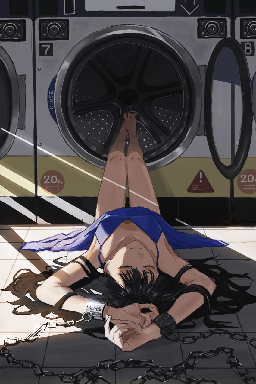 1girl absurdres armald0 barefoot black_hair blue_dress chain closed_eyes closed_mouth commentary dress feet highres laundromat lying on_back original solo toes washing_machine