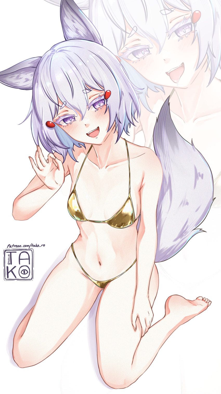 1girl absurdres animal_ears bikini breasts fox_ears fox_girl fox_tail gold_bikini grey_hair highres looking_back navel open_mouth phase_connect purple_eyes small_breasts solo swimsuit tail takoroki tenma_maemi virtual_youtuber zoom_layer