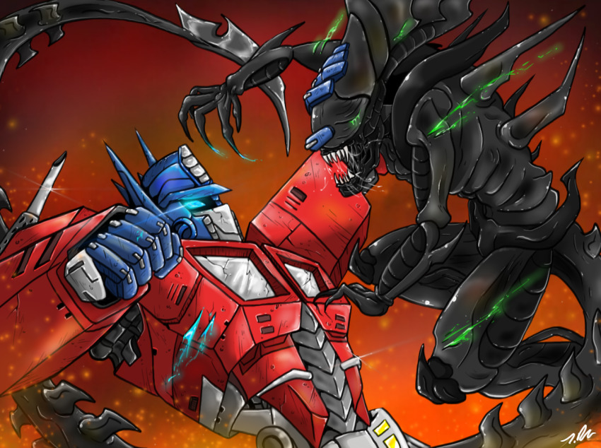 1boy 1girl acid acid_blood alien alien_(1979) alien_(series) alien_queen aliens_(1986) autobot battle blood blue_blood blue_eyes claws colored_blood crossover duel epic fangs fighting glowing green_blood headgear insignia joselyn565 machine machinery mecha monster no_eyes no_humans optimus_prime retro_artstyle robot science_fiction tail teeth transformers xenomorph