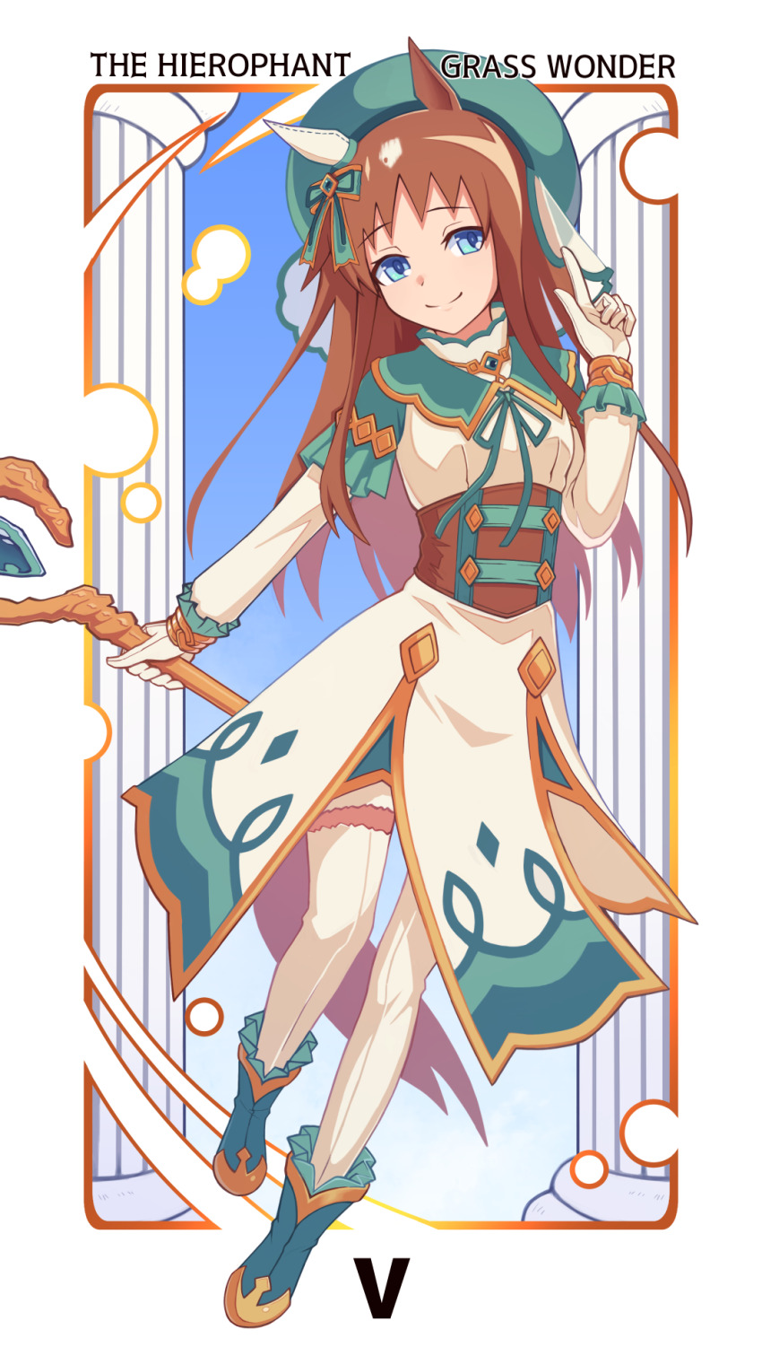 1girl animal_ears blue_eyes brown_hair full_body grass_wonder_(saint_jade_healer)_(umamusume) grass_wonder_(umamusume) green_footwear hibun_tsukasa highres holding holding_staff horse_ears horse_girl index_finger_raised long_sleeves looking_at_viewer smile solo split_mouth staff tarot the_hierophant_(tarot) thighhighs umamusume