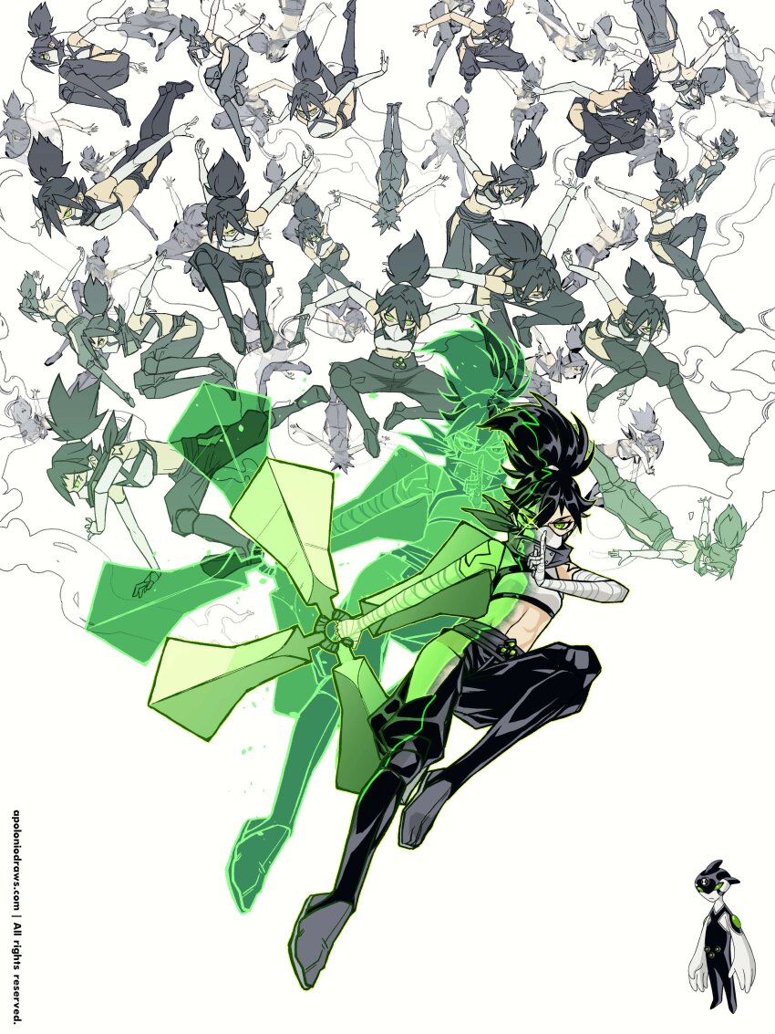1girl absurdres apoloniodraws bandaged_arm bandages ben_10 black_hair black_pants clone ditto_(ben_10) genderswap genderswap_(mtf) headband_around_neck highres holding holding_shuriken holding_weapon long_hair midriff multiple_girls ninja omnitrix pants ponytail shuriken side_slit weapon