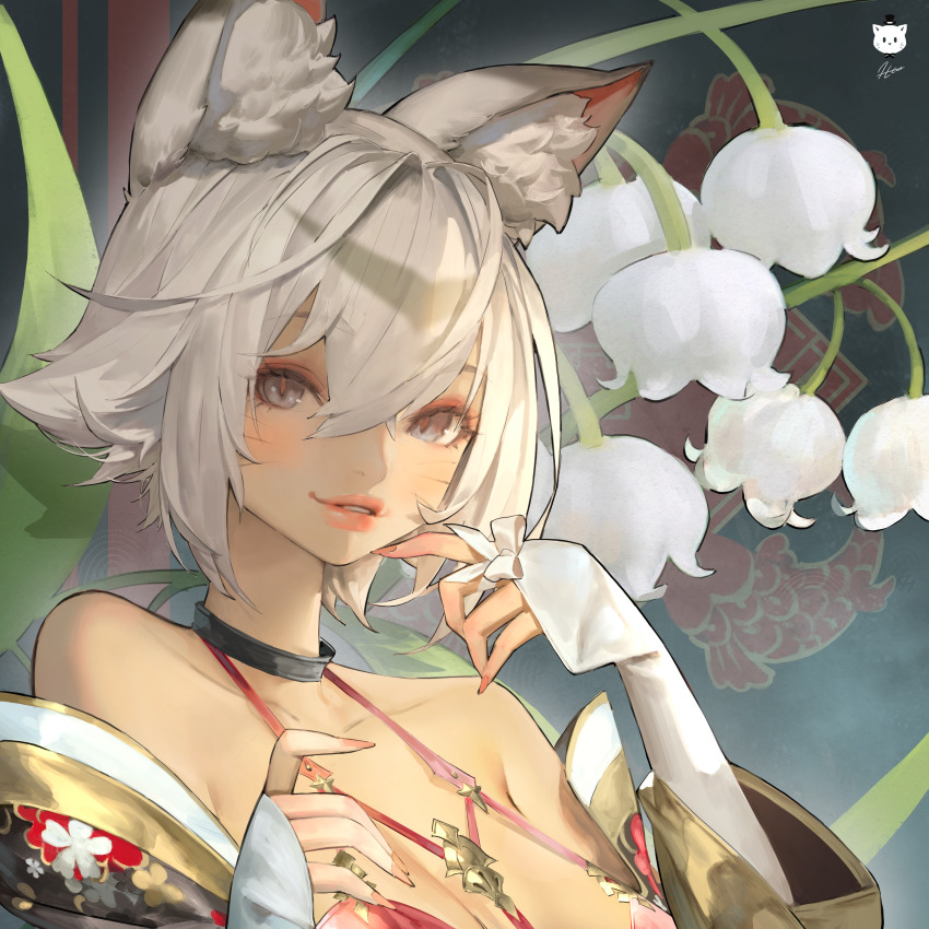1girl absurdres animal_ear_fluff animal_ears animal_print black_collar bra breasts cat_ears cleavage collar collarbone commentary crossed_bangs dated_commentary english_commentary fingernails fish_print flower grey_eyes hair_between_eyes halterneck hand_to_own_mouth hand_up highres japanese_clothes jung_wonjo kimono light_blush lips looking_at_viewer medium_breasts off_shoulder original red_bra short_hair signature solo underwear upper_body white_flower white_hair