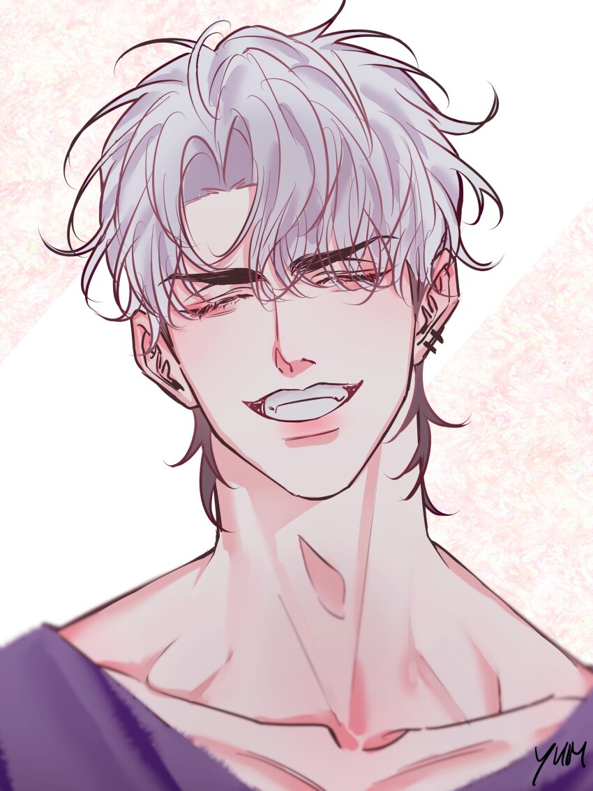 1boy absurdres artist_name black_hair closed_eyes collarbone commentary_request earclip eunho_(plave) fangs hashtag-only_commentary highres korean_commentary male_focus plave portrait purple_shirt shirt short_hair smile solo teeth toned toned_male white_background yum_606