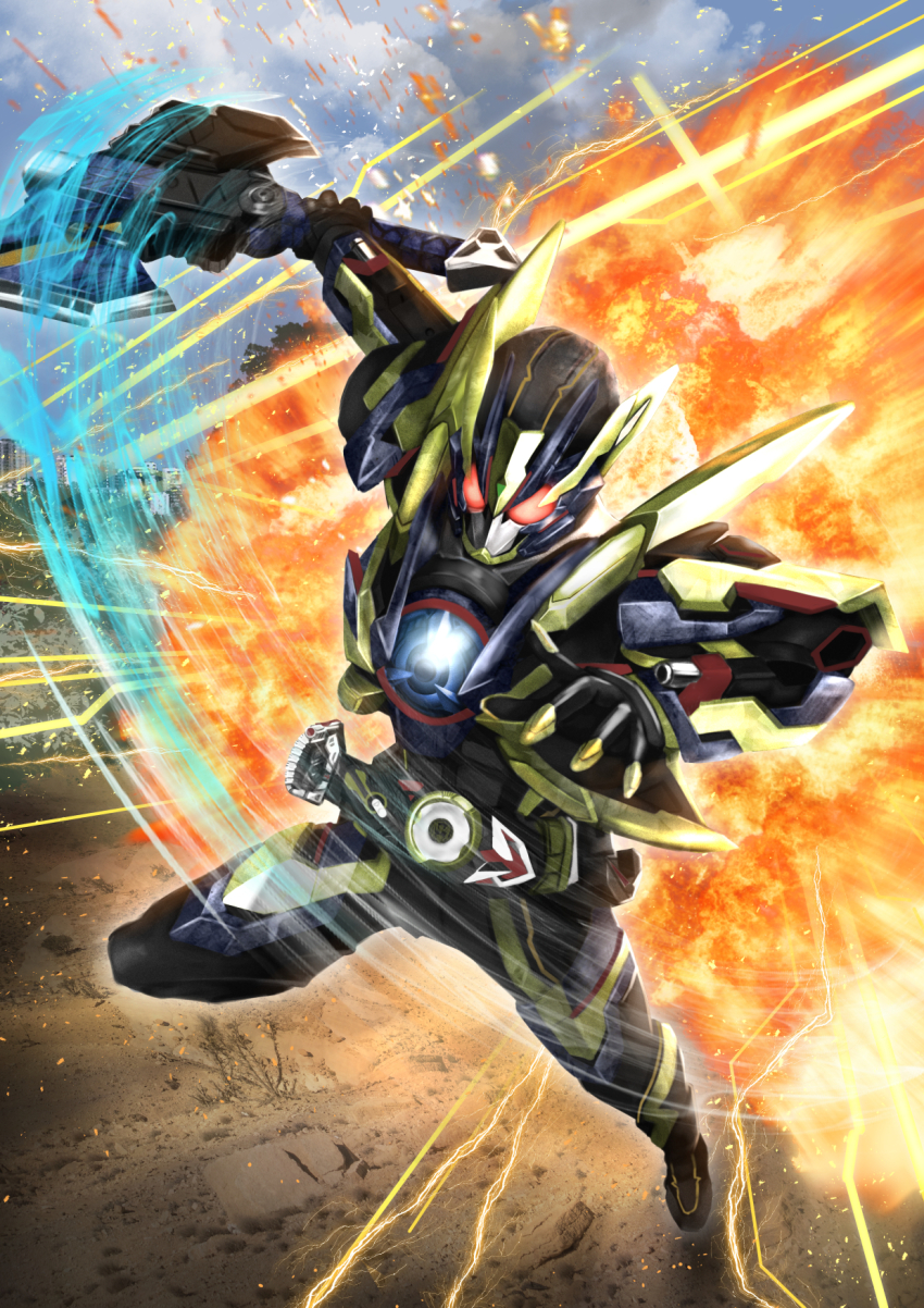 1boy alternate_costume antennae armor authorise_buster axe belt blue_armor blue_sky bug dated debris explosion finishing_move forest gloves glowing glowing_eyes grasshopper green_armor helmet highres insect kamen_rider kamen_rider_01_(series) kamen_rider_zero-one light lightning male_focus mixed-language_commentary motion_blur nature open_hand power_armor profile red_eyes rider_belt shining_assault_hopper signature sky slashing solo thrusters tsubasansan zero_one_driver