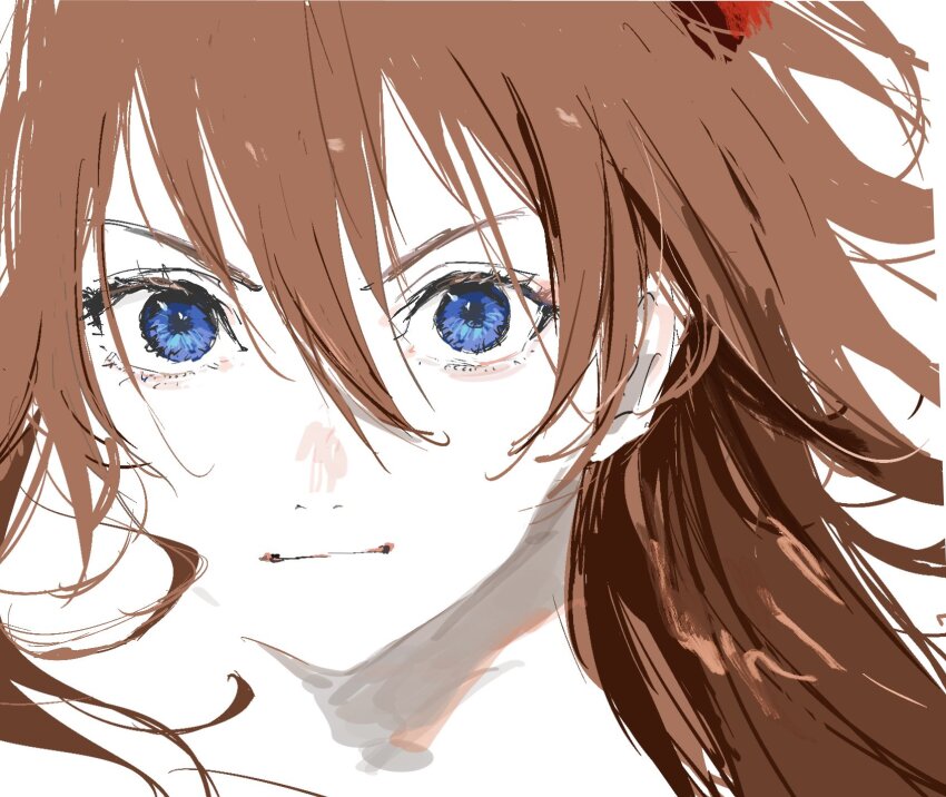 &gt;:) 1girl blending blue_eyes brown_hair close-up closed_mouth colored_skin commentary english_commentary floating_hair hair_between_eyes highres long_hair looking_at_viewer needbee_r neon_genesis_evangelion sidelocks sketch smile solo souryuu_asuka_langley v-shaped_eyebrows white_background white_skin