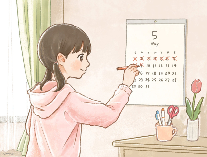 1girl artist_name black_eyes bright_pupils calendar_(object) closed_mouth copyright_notice curtains day flower flower_pot from_side hair_behind_ear holding holding_marker hood hood_down hoodie indoors leaf light_blush long_sleeves looking_at_object low_twintails marker may medium_hair original pen pen_holder pink_hoodie pixiv_username plant potted_plant red_flower red_tulip scissors shadow smile solo table tokoyu tulip twintails twitter_username upper_body writing x