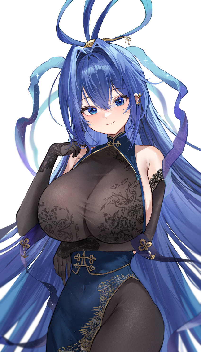 1girl absurdres arm_under_breasts azur_lane black_gloves blue_eyes blue_hair breasts chinese_clothes commentary curvy dress elbow_gloves english_commentary gloves gurami_(zangizarang) highres huge_breasts light_smile long_hair looking_at_viewer new_jersey_(azur_lane) new_jersey_(dancing_in_the_moonlight)_(azur_lane) official_alternate_costume simple_background solo white_background