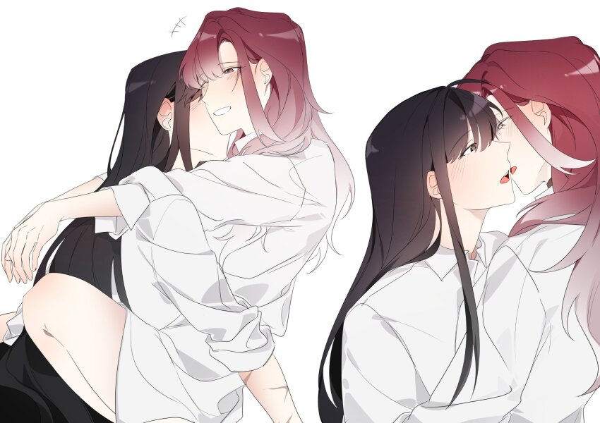 2girls arms_around_neck black_hair blush collared_shirt commentary_request gradient_hair grin highres hug illusion_moon imminent_kiss korean_commentary long_hair multicolored_hair multiple_girls open_mouth path_to_nowhere purple_eyes rahu_(path_to_nowhere) red_hair scar scar_on_arm shalom_(path_to_nowhere) shirt simple_background smile white_background white_hair white_shirt yuri