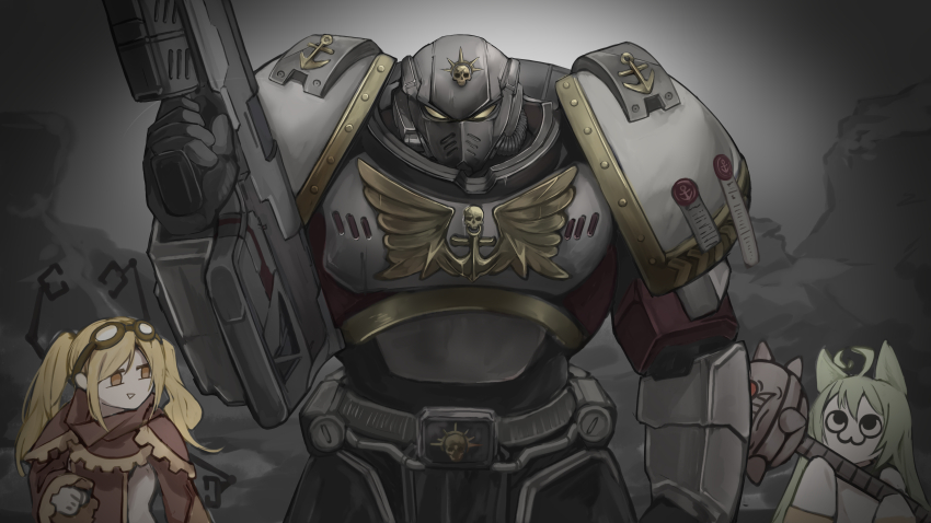 1boy 2girls :3 absurdres adeptus_astartes ahoge akashi_(azur_lane) anchor_symbol animal_ears arm_up armor azur_lane blonde_hair brown_robe cat_ears cat_girl chinese_commentary choker commander_(azur_lane) crossover debris goggles goggles_on_head green_hair grey_armor gun hatemace height_difference helmet highres holding holding_gun holding_mace holding_weapon kreirati leonardo_da_vinci_(azur_lane) mace mechanical_arms multiple_girls power_armor power_armor_commander_(azur_lane) purity_seal red_eyes ribbon_choker robe science_fiction sidelocks size_difference skull sleeves_past_fingers sleeves_past_wrists techpriest translation_request twintails warhammer_40k weapon winged_skull yellow_trim