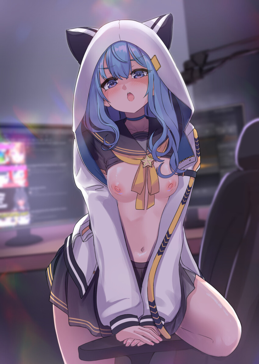 1girl animal_hood black_sailor_collar black_serafuku black_skirt blue_cape blue_eyes blue_hair blurry blurry_background breasts brooch cape cat_hood chair clothes_lift commentary double-parted_bangs fingernails hair_between_eyes highres hololive hood hood_up hooded_jacket hoshimachi_suisei hoshimachi_suisei_(school_uniform) indoors jacket jewelry kazukoto long_hair looking_at_viewer medium_breasts miniskirt monitor navel neckerchief nipples no_bra official_alternate_costume open_mouth pleated_skirt sailor_collar school_uniform serafuku shirt_lift skirt solo star_brooch teeth upper_teeth_only virtual_youtuber white_jacket yellow_neckerchief