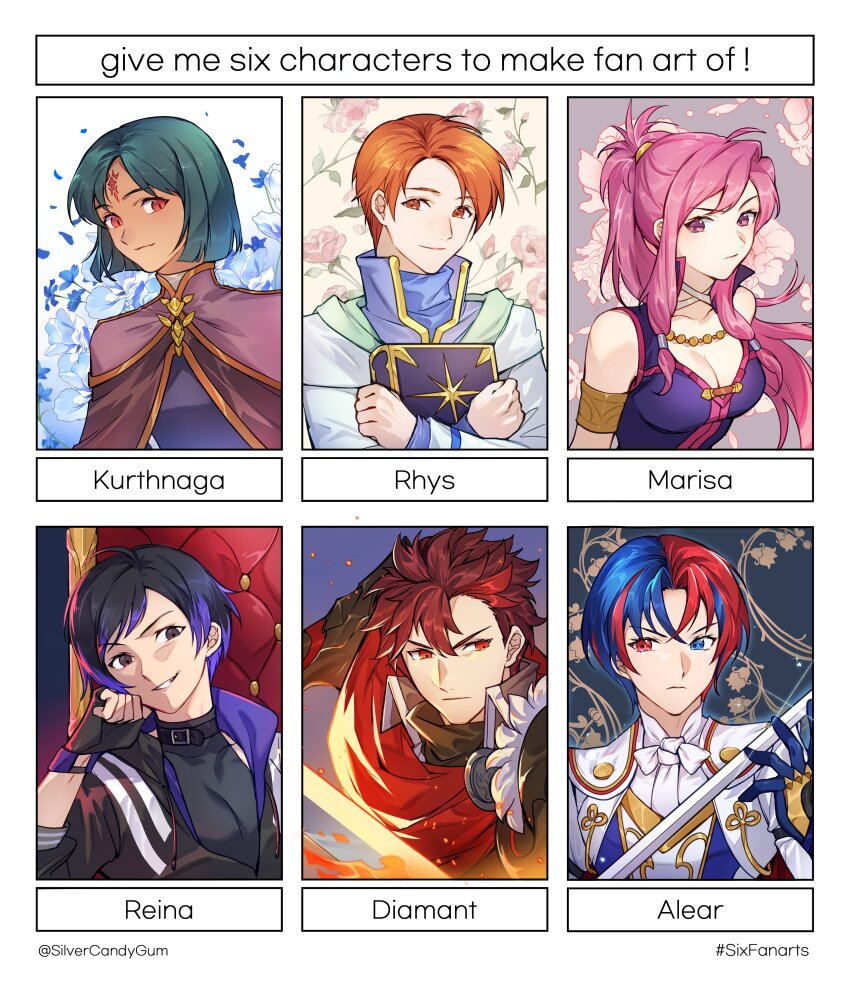 2girls 4boys absurdres alear_(fire_emblem) alear_(male)_(fire_emblem) armlet black_hair blue_eyes blue_hair book breasts character_name cleavage dark-skinned_male dark_skin diamant_(fire_emblem) english_text facial_mark fingerless_gloves fire_emblem fire_emblem:_path_of_radiance fire_emblem:_radiant_dawn fire_emblem:_the_sacred_stones fire_emblem_engage forehead_mark gloves hashtag-only_commentary heterochromia highres holding holding_book jewelry kurthnaga_(fire_emblem) long_hair marisa_(fire_emblem) multicolored_hair multiple_boys multiple_drawing_challenge multiple_girls nintendo orange_eyes orange_hair pink_eyes pink_hair purple_hair red_eyes red_hair reina_(tekken) rhys_(fire_emblem) short_hair silvercandy_gum six_fanarts_challenge slit_pupils smile split-color_hair tekken tekken_8 twitter_username two-tone_hair
