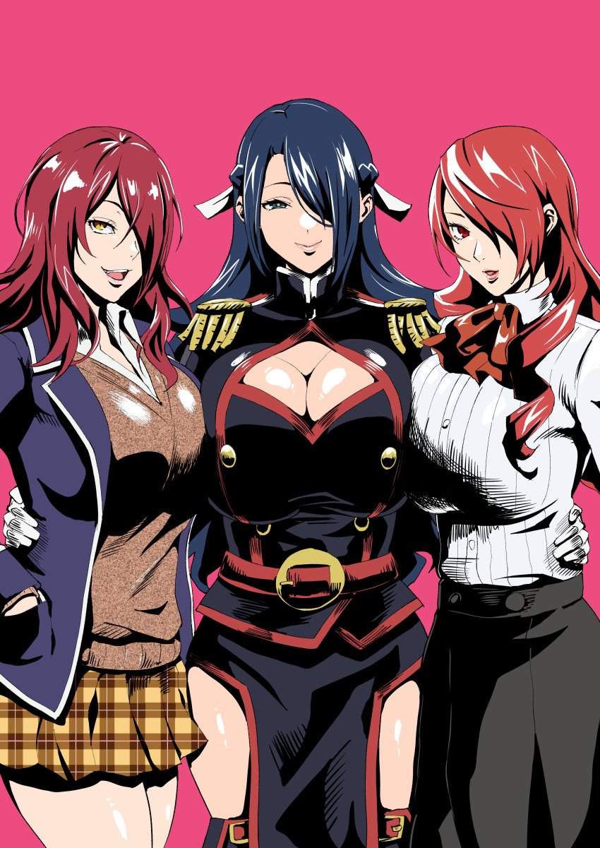 3girls absurdres anti-demon_corps_uniform arm_around_waist asymmetrical_docking azuma_fubuki black_skirt blazer blue_eyes blue_hair blue_jacket braid breast_press breasts brown_skirt brown_sweater_vest cleavage cleavage_cutout clothing_cutout commentary_request crossover dark_blue_hair epaulettes female_focus gloves hair_over_one_eye hairstyle_connection half_up_braid highres huge_breasts iwao178 jacket kirijou_mitsuru kobayashi_rindou large_breasts long_hair long_skirt looking_at_viewer matching_hair/eyes mato_seihei_no_slave multiple_girls pelvic_curtain persona persona_3 pink_background plaid_clothes plaid_skirt red_eyes red_hair ribbed_sweater shirt shokugeki_no_souma simple_background skirt slit_pupils smile sweater sweater_vest tootsuki_saryou_ryouri_gakuen_uniform trait_connection white_gloves white_shirt white_sweater yellow_eyes