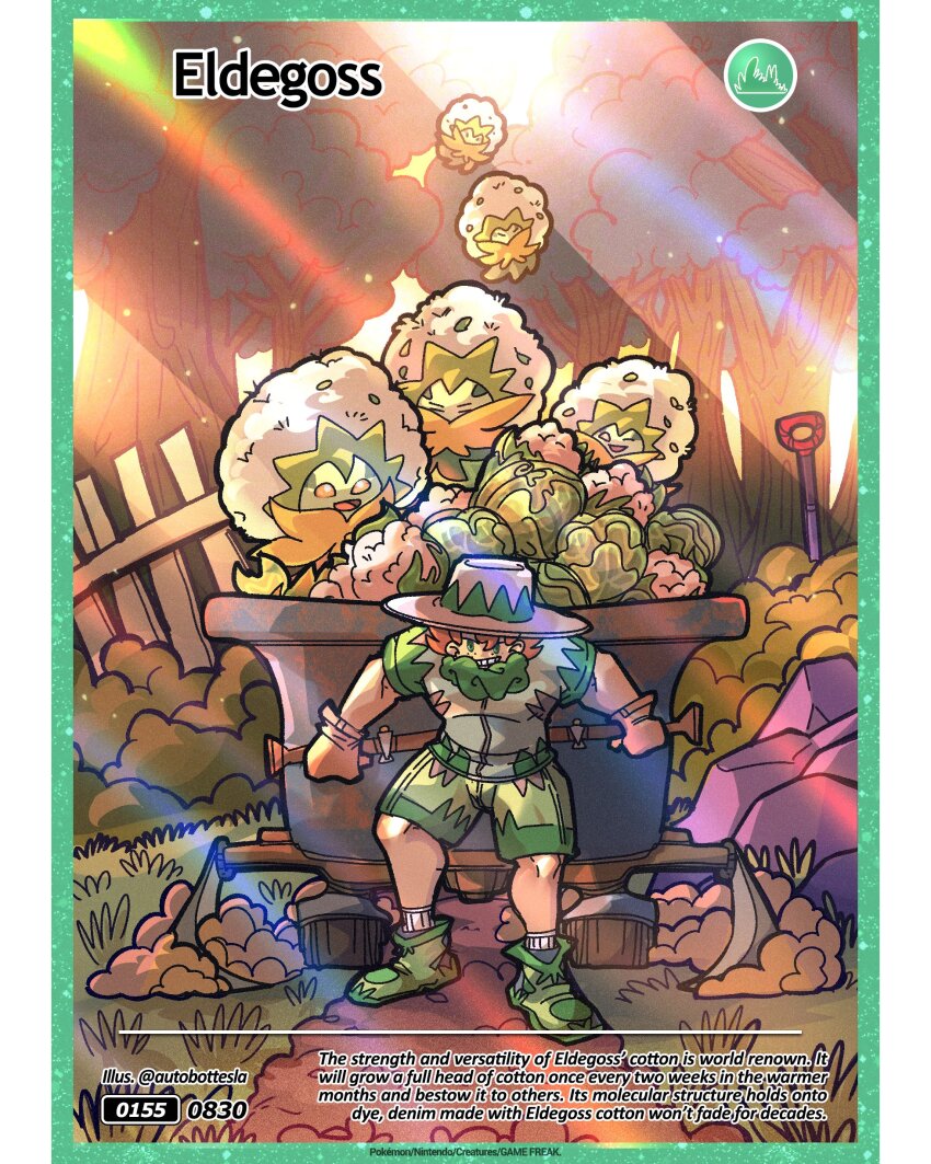 1boy absurdres afro alternate_costume autobottesla big_hair brown_gloves brown_hair cabbage cart character_name eldegoss english_text fake_trading_card forest freckles gen_8_pokemon gloves grass green_eyes green_footwear green_shorts grin hat highres hoe in_cart looking_at_viewer male_focus midair milo_(pokemon) nature nintendo open_mouth pokemon pokemon_(creature) pokemon_swsh pullcart short_hair short_sleeves shorts shovel smile sun_hat sunlight tree trough white_hair
