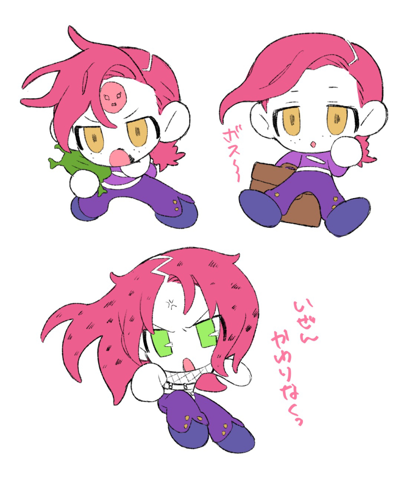 2boys anger_vein animal blood blood_on_face blue_footwear braid brown_bag brown_eyes c73an chibi chibi_only cleavage_cutout clothing_cutout diavolo fishnet_top fishnets freckles frog green_eyes hand_on_own_neck highres holding holding_animal jojo_no_kimyou_na_bouken long_hair male_focus multiple_boys multiple_views no_nose open_mouth pants purple_pants purple_shirt shirt simple_background translation_request vento_aureo vinegar_doppio white_background