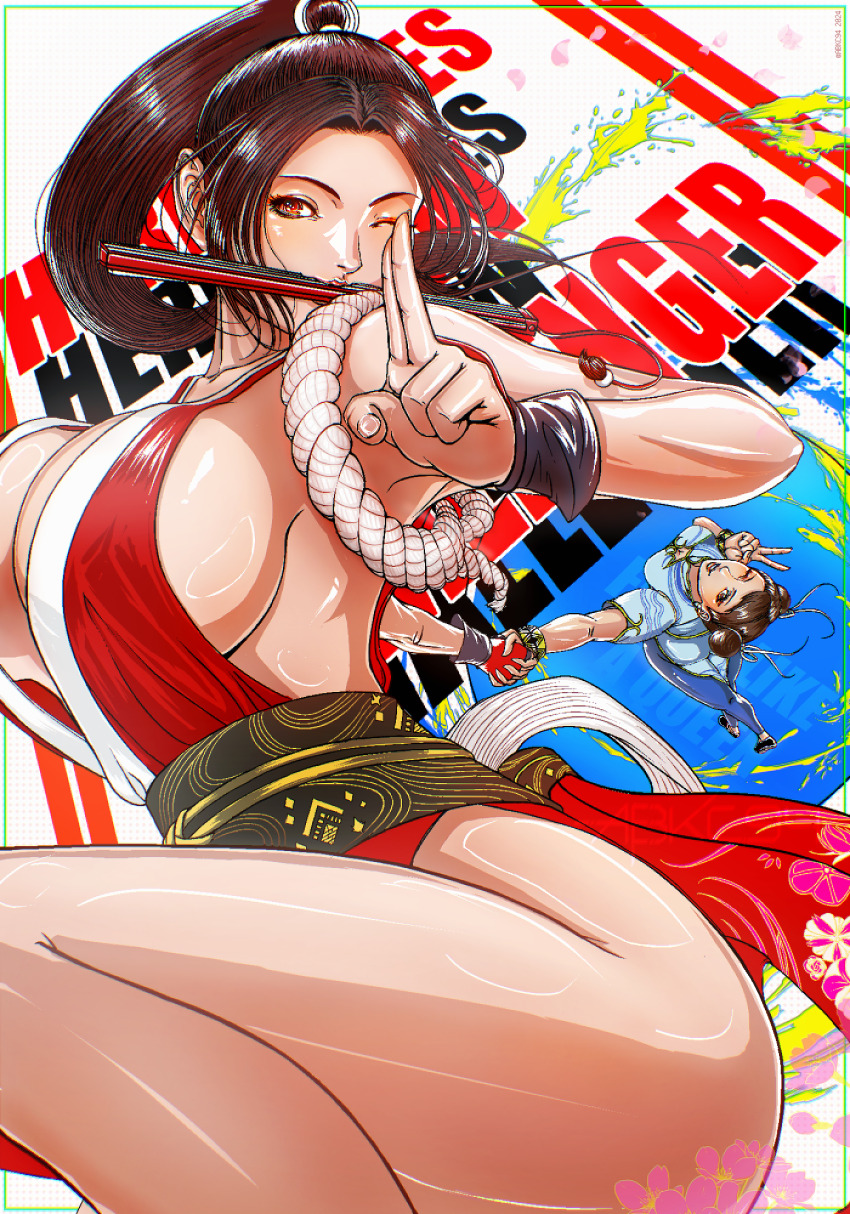 2girls ass bad_tag breasts capcom chun-li crossover fatal_fury folding_fan hand_fan highres large_breasts long_hair multiple_girls ponytail shiranui_mai street_fighter street_fighter_6