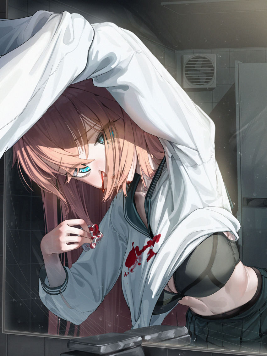 1girl absurdres black_bra black_sailor_collar black_skirt blood blood_on_clothes blue_eyes bra breasts clothes_lift highres holding_tissue large_breasts leaning_forward long_hair long_sleeves looking_at_reflection michinoku_komaro mirror nosebleed pink_hair pleated_skirt reflection reflection_focus sailor_collar school_uniform seitokai_ni_mo_ana_wa_aru! serafuku shirt_lift skirt solo tagua underwear