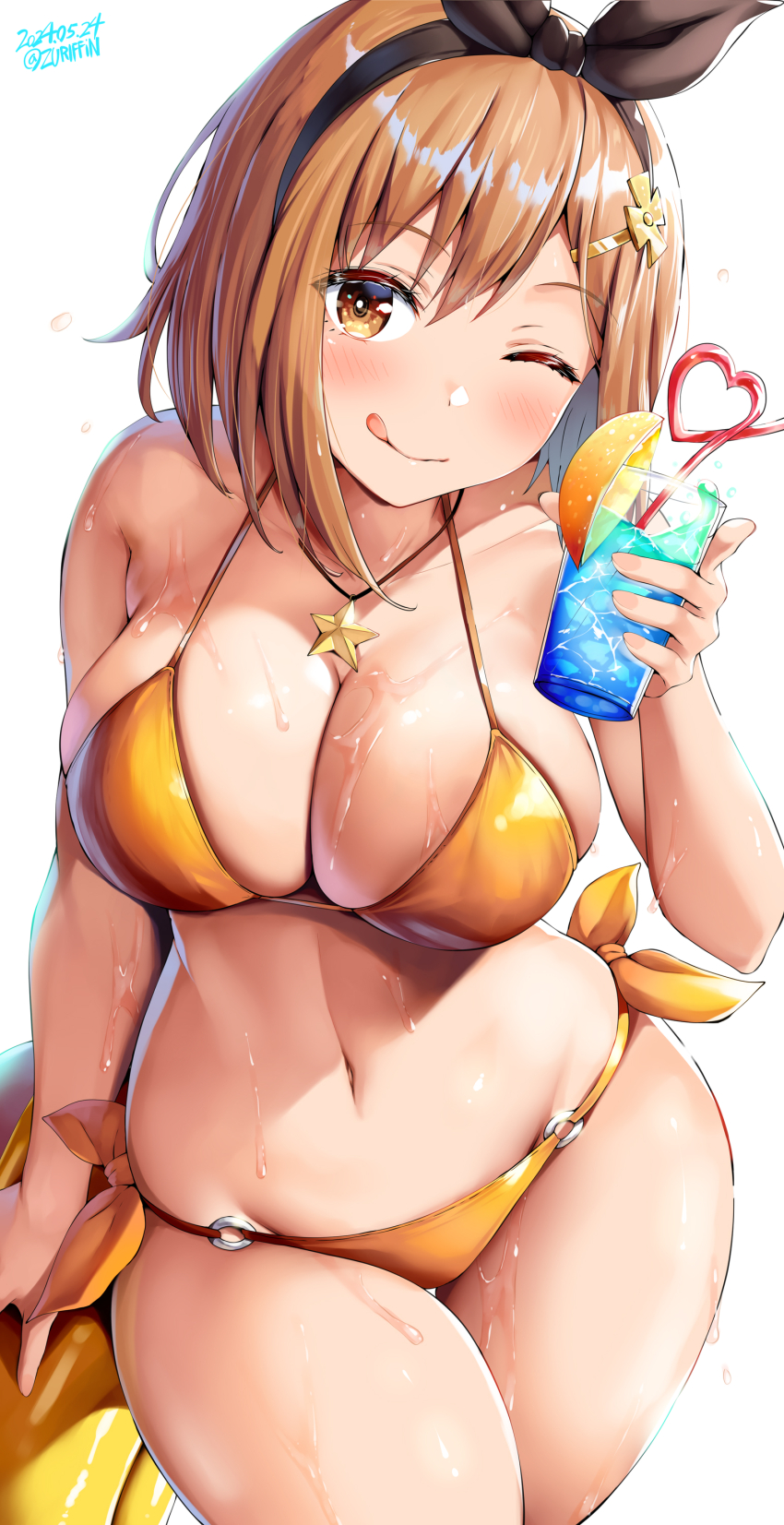 1girl 2024 ;p absurdres atelier_(series) atelier_ryza belko bikini black_ribbon blush breasts brown_eyes brown_hair cleavage collarbone cup dated drinking_glass drinking_straw food fruit groin hair_ornament hair_ribbon highres jewelry large_breasts lemon lemon_slice looking_at_viewer navel necklace o-ring o-ring_bikini o-ring_bottom one_eye_closed orange_bikini reisalin_stout ribbon side-tie_bikini_bottom smile star_(symbol) star_necklace stomach swimsuit thick_thighs thighs tongue tongue_out wet wide_hips wink
