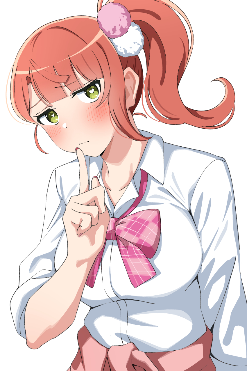 1girl absurdres alternate_costume blush bow bowtie breasts collarbone collared_shirt commentary finger_to_mouth green_eyes gyaru gyarugasaki hair_ornament high_ponytail highres kogal long_sleeves looking_at_viewer love_live! love_live!_nijigasaki_high_school_idol_club medium_hair official_alternate_costume pink_bow pink_bowtie ponytail shirt simple_background solo striped_bow striped_bowtie striped_clothes uchuu_no_mozuku uehara_ayumu upper_body white_background white_shirt