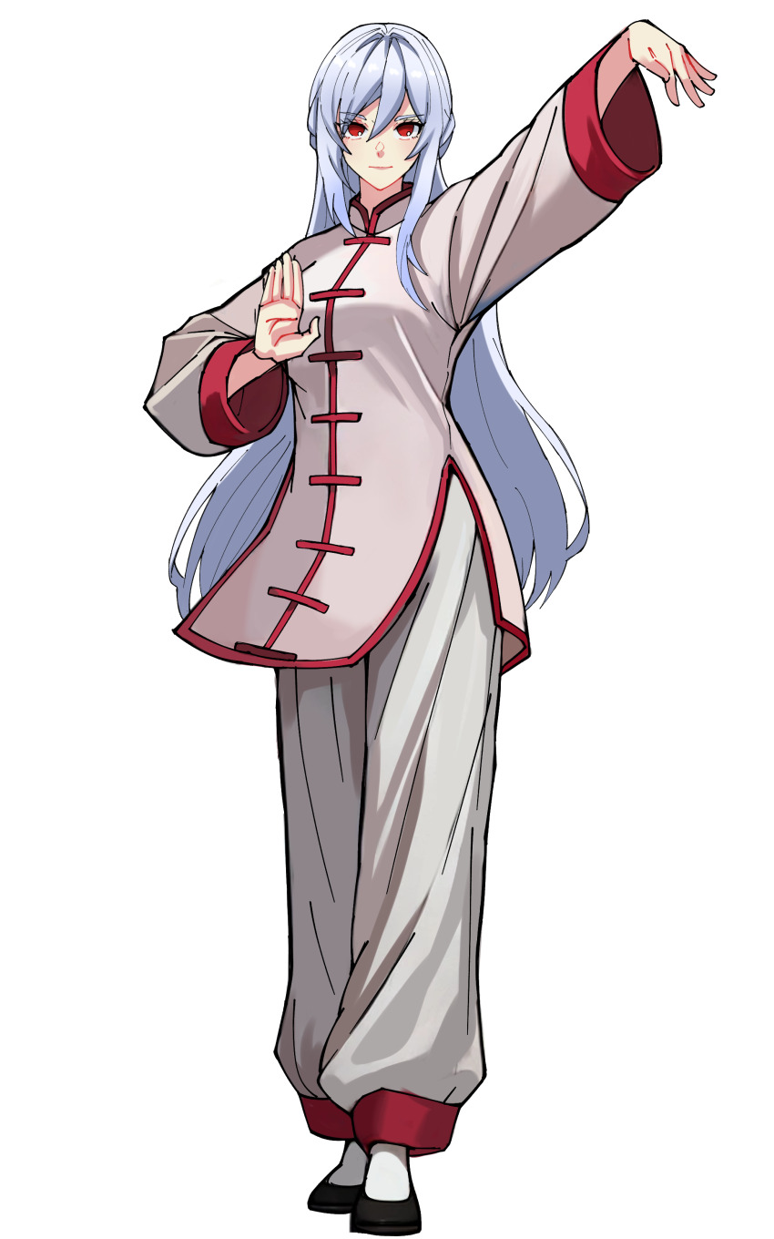 1girl absurdres changpao china_dress chinese_clothes dress fighting_stance high-cloud_quintet_(honkai:_star_rail) highres honkai:_star_rail honkai_(series) jingliu_(honkai:_star_rail) kokoro_no_koibito kung_fu long_sleeves martial_arts monk pink_dress red_eyes self-upload shaolin_monk solo tangzhuang training white_hair