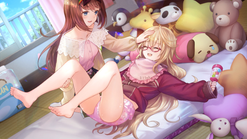 2girls :d ^_^ age_play barefoot bib blonde_hair bloomers blue_eyes blush breasts brown_hair cardigan closed_eyes clothes_lift collarbone crazy_smile day dutch_angle empty_eyes frilled_bib frills full_body game_cg glasses hand_on_another&#039;s_leg headpat holding holding_rattle jacket jacket_lift legs_up long_hair looking_at_another lying mugendo_saki multiple_girls no_shoes non-web_source official_art on_back open_cardigan open_clothes open_mouth open_window otori_ai pink_bloomers rattle red_jacket semi-rimless_eyewear sleeves_past_wrists small_breasts smile socks soles spoilers stuffed_animal stuffed_dog stuffed_giraffe stuffed_panda stuffed_penguin stuffed_rabbit stuffed_toy teddy_bear toes track_jacket under-rim_eyewear underwear very_long_hair white_socks window yellow_cardigan yumeutsutsu_re:master
