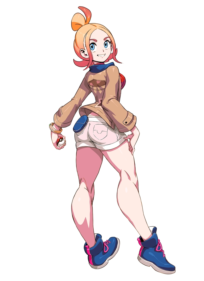 1girl ass blonde_hair blue_eyes breasts full_body game_freak genzoman gradient_hair highres jacket long_hair long_sleeves looking_at_viewer mismatched_eyebrows multicolored_hair nintendo open_mouth pink_eyebrows pink_hair poke_ball poke_ball_(basic) pokemon pokemon_legends:_z-a shoes shorts simple_background smile solo taunie_(pokemon) two-tone_hair white_background