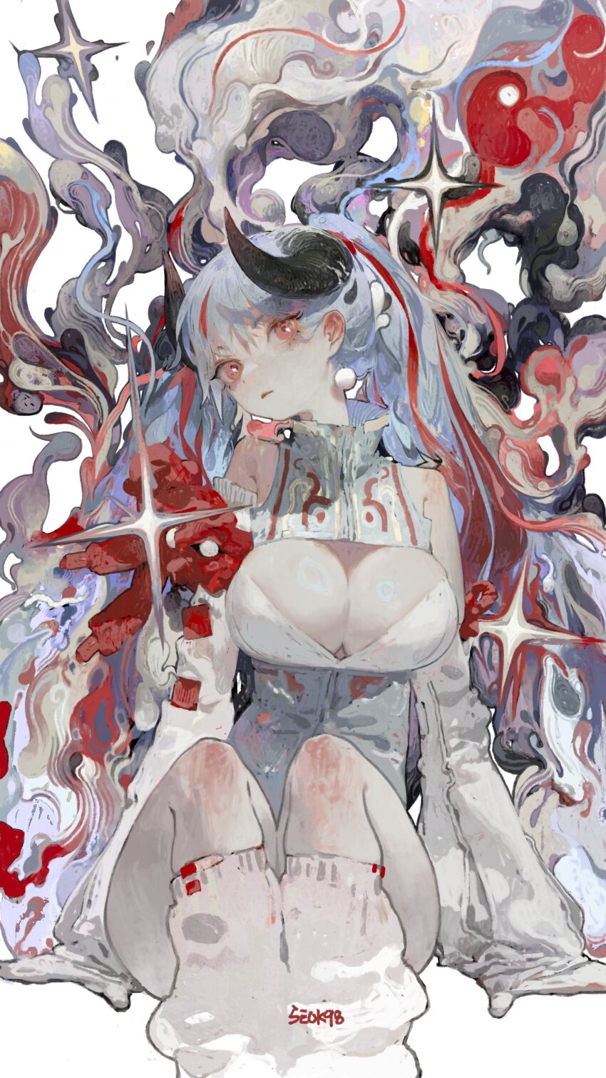 1girl abstract absurdres arms_at_sides artist_name asymmetrical_sleeves bare_shoulders black_horns breasts cleavage closed_mouth colored_skin colored_smoke commission detached_sleeves dot_nose earrings expressionless fading feet_out_of_frame floating_earrings flower gloves grey_hair grey_leotard high_collar highres horns jewelry leg_warmers leotard medium_breasts morello_(morellostorment) multicolored_hair muted_color original painterly pearl_earrings plunging_neckline red_eyes red_flower red_hair revealing_clothes second-party_source seok98 shrug_(clothing) signature single_earring sitting sleeveless_shrug smoke solo sparkle streaked_hair swept_bangs twintails uneven_sleeves white_background white_gloves white_leg_warmers white_skin white_sleeves