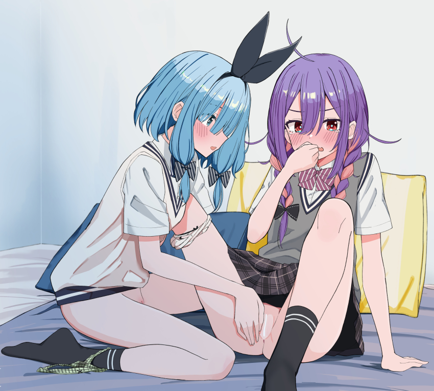 2girls absurdres black_bow black_skirt black_socks blue_eyes blue_hair blush bottomless bow bow_hairband bowtie braid censored commentary_request fang fingering green_panties grey_sweater_vest hair_bow hairband highres indoors multicolored_hair multiple_girls no_panties on_bed open_mouth original panties panties_around_leg panties_around_one_ankle pillow pink_hair plaid_clothes plaid_skirt pleated_skirt purple_bow purple_bowtie purple_hair red_eyes school_uniform shirt short_sleeves skin_fang skirt socks sweat sweater sweater_vest tears twin_braids two-tone_hair underwear urushiushiru variant_set white_panties white_shirt white_sweater yuri
