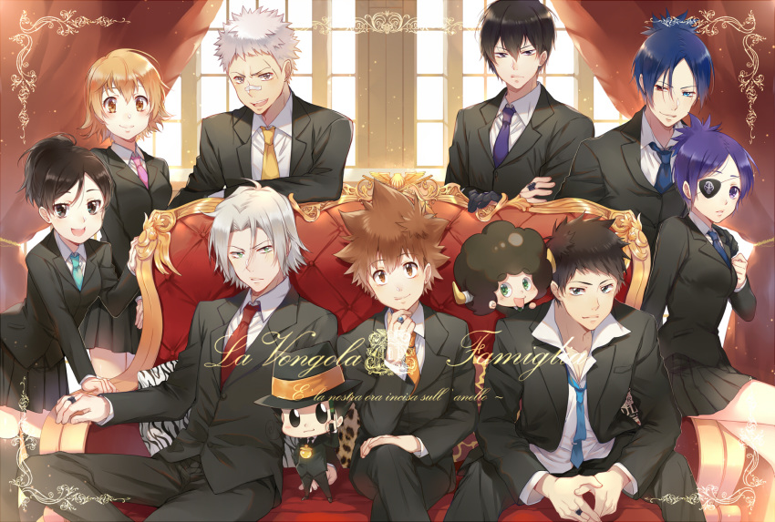 3girls 6+boys arm_up bandaid bandaid_on_face bandaid_on_nose black_skirt blue_eyes blue_hair brother_and_sister brown_eyes brown_hair chrome_dokuro couch crossed_legs dark-skinned_male dark_skin ekita_kuro everyone eyepatch formal_clothes gokudera_hayato green_eyes hair_between_eyes heterochromia hibari_kyouya highres jewelry katekyo_hitman_reborn! lambo miura_haru multiple_boys multiple_girls necktie orange_necktie pacifier pillow pink_necktie pleated_skirt ponytail purple_hair reborn red_eyes red_necktie ring rokudou_mukuro sasagawa_kyouko sasagawa_ryohei sawada_tsunayoshi siblings silver_hair skirt skirt_suit spiked_hair suit superbi_squalo yamamoto_takeshi yellow_necktie