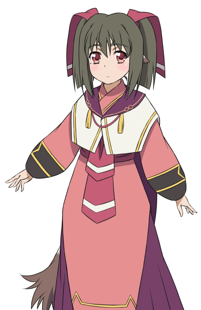 1girl ainu_clothes aquaplus blush breasts brown_hair closed_mouth cowboy_shot dress gradient_eyes hair_between_eyes hair_ribbon highres long_hair long_sleeves looking_at_viewer mole mole_under_eye multicolored_eyes nakata_masahiko nekone_(utawarerumono) official_art raised_eyebrows red_eyes red_ribbon ribbon sidelocks small_breasts solo standing tail transparent_background twintails utawarerumono utawarerumono:_futari_no_hakuoro utawarerumono:_itsuwari_no_kamen white_fox_(company)