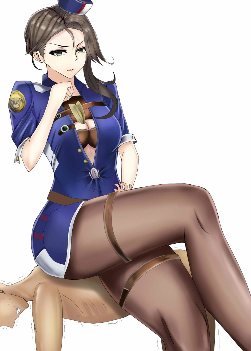 1boy 1girl azur_lane blue_dress bra breasts brown_hair clothed_female_nude_male dress femdom hair_between_eyes hat highres human_chair human_furniture insignia crossed_legs medium_breasts medium_hair neri_aisu nude pantyhose pennsylvania_(azur_lane) sailor_hat simple_background sitting sitting_on_person underwear white_background yellow_eyes