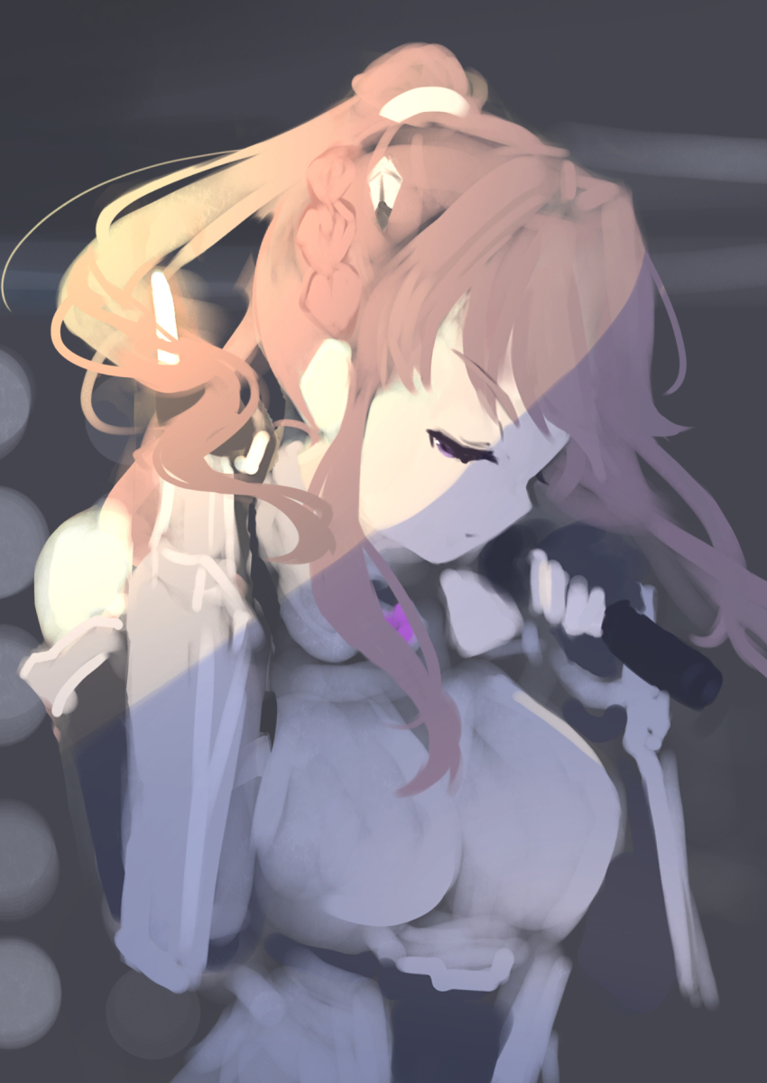 1girl black_bow black_gloves blurry blurry_background bow braid breasts brown_hair closed_mouth commentary_request fanfare!!!_(love_live!) fingerless_gloves fujishima_megumi gloves half_up_braid highres holding holding_microphone index_finger_raised link!_like!_love_live! long_hair long_sidelocks love_live! macken666 medium_breasts microphone now_or_never_(love_live!) ponytail sidelocks solo unfinished upper_body virtual_youtuber