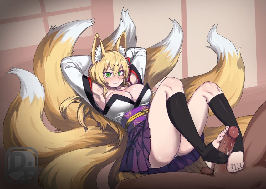 1girl blonde_hair blush breasts difman feet footjob fox_girl fox_tail green_eyes japanese_clothes kitsune light_smile long_hair looking_at_viewer mon-musu_quest! multiple_tails panties pantyshot stirrup_legwear tail tamamo_(mon-musu_quest!) toeless_legwear toes under-stirrup_footjob underwear