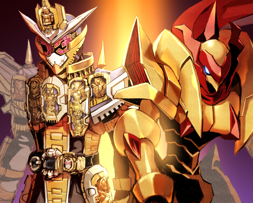 2boys armor cape crossover gloves glowing helmet highres hinomoto_madoka kamen_rider kamen_rider_grand_zi-o kamen_rider_zi-o kamen_rider_zi-o_(series) knight knight_blazer male_focus mask multiple_boys scarf wild_arms wild_arms_2