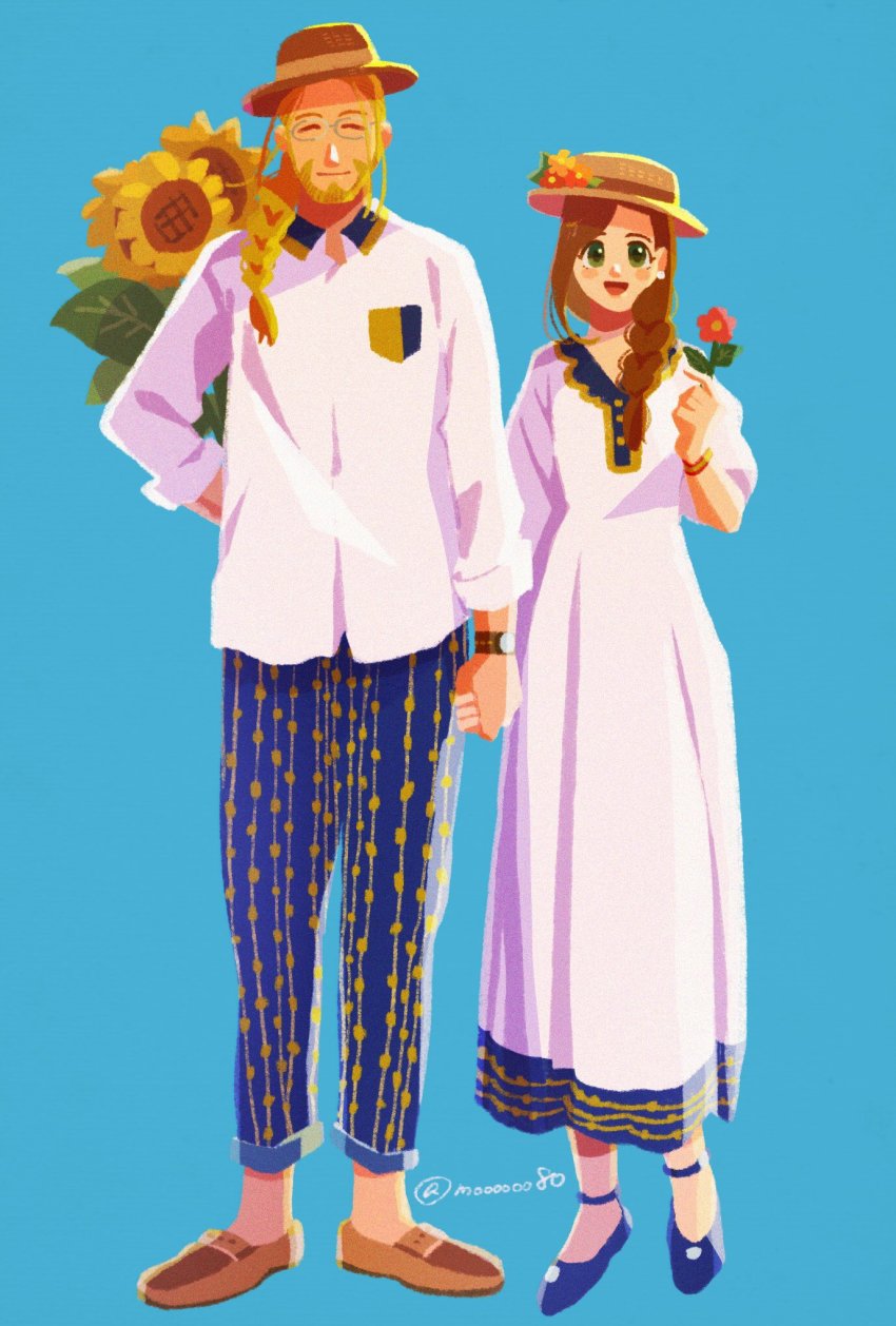 1boy 1girl :d ^_^ alternate_costume alternate_hairstyle ankle_strap arm_behind_back beard blonde_hair blue_background blue_footwear blue_pants blush blush_stickers bouquet bracelet braid brown_footwear brown_hair closed_eyes closed_mouth collared_shirt couple dress dress_shirt earrings facial_hair flower full_body fullmetal_alchemist glasses green_eyes grey-framed_eyewear gumiko_(monaka) happy hat hat_flower height_difference hetero highres holding holding_bouquet holding_flower holding_hands jewelry leaf long_dress looking_at_viewer open_mouth orange_flower oxfords pants pink_flower puffy_sleeves red_flower shadow shirt shoes side-by-side side_braid simple_background smile standing straw_hat striped_clothes striped_pants sunflower trisha_elric twitter_username van_hohenheim watch white_dress white_shirt wristwatch yellow_flower