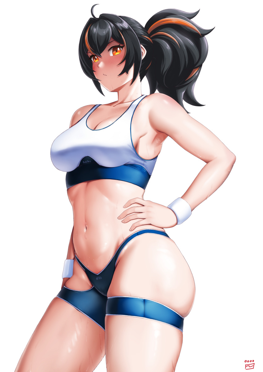 1girl black_hair blue_shorts breasts cleavage clothes_writing finalcake highres large_breasts long_hair multicolored_hair multiple_wristbands navel ponytail red_hair shorts sideboob solo sports_bra streaked_hair t-back_spats white_sports_bra wristband zenless_zone_zero zhu_yuan