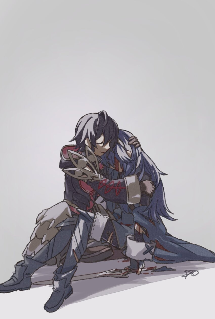 2girls bad_end batoson54 black_hair blood blue_hair corpse death eyes_of_grima falchion_(fire_emblem) fire_emblem fire_emblem_awakening highres hug lucina_(fire_emblem) female_morgan_(devoted_darkness)_(fire_emblem) female_morgan_(fire_emblem) multiple_girls murder nintendo torn_clothes