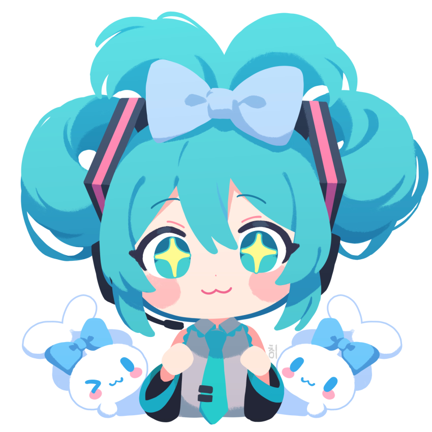 +_+ 1girl blue_eyes blue_hair chibi cinnamiku cinnamoroll creature hatsune_miku headset highres microphone necktie smile solo tsui vocaloid