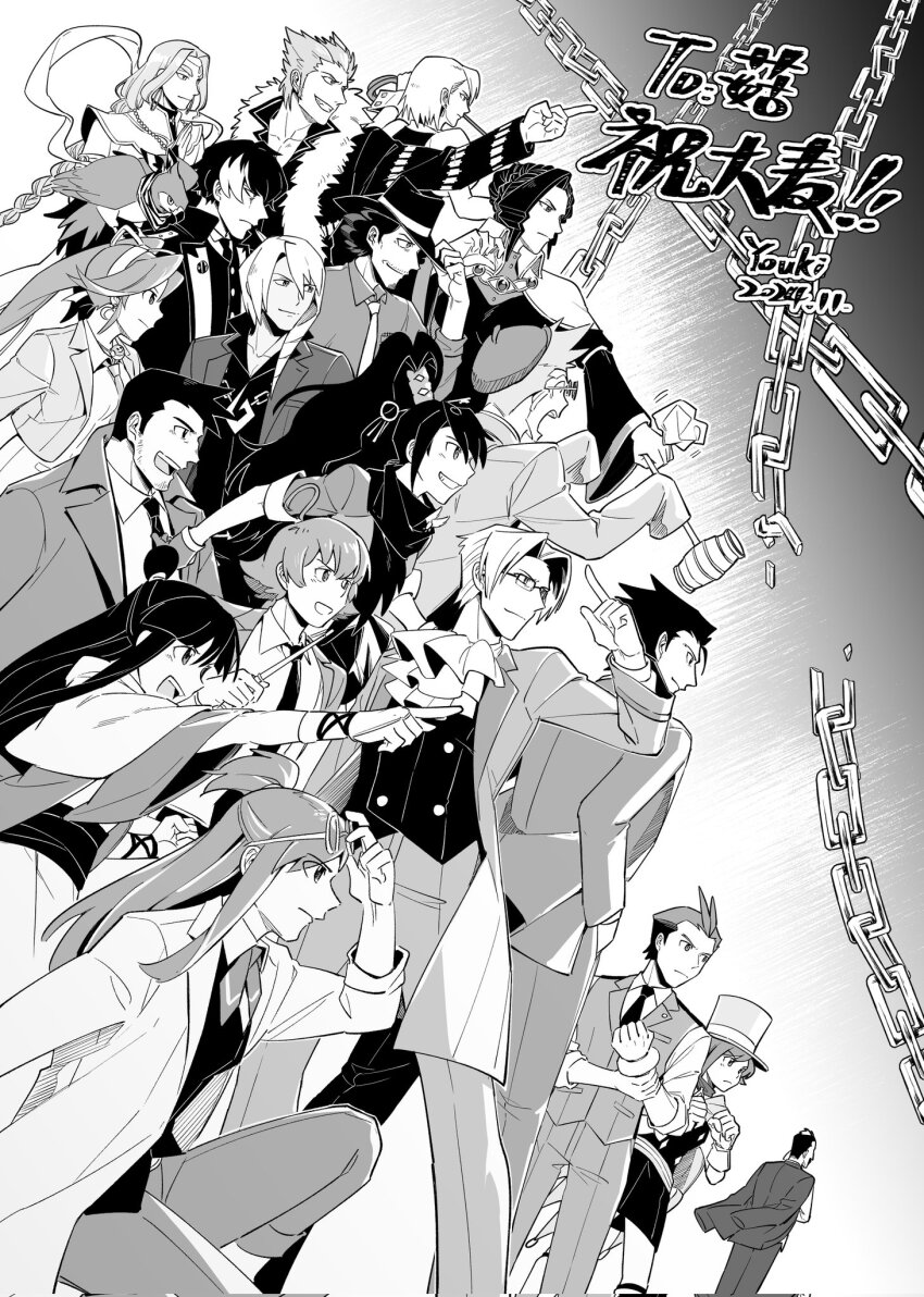 6+boys 6+girls ace_attorney ace_attorney_investigations ace_attorney_investigations:_miles_edgeworth ace_attorney_investigations_2:_prosecutor&#039;s_gambit adjusting_clothes adjusting_headwear ahoge apollo_justice apollo_justice:_ace_attorney ascot athena_cykes beard_stubble broken broken_chain buttons capelet chain chain_necklace coat commentary_request conductor_baton corrupted_twitter_file crescent crescent_earrings dick_gumshoe double-breasted dress drill_hair earrings eddie_fender ema_skye eustace_winner facial_hair fedora formal_clothes franziska_von_karma fur-trimmed_jacket fur_trim gavel gloves greyscale hairband hand_in_pocket hanten_(clothes) hat highres holding holding_baton holding_whip jacket japanese_clothes jewelry kay_faraday kimono klavier_gavin lab_coat larry_butz long_hair looking_to_the_side maya_fey medium_hair miles_edgeworth monochrome multiple_boys multiple_girls mustache_stubble nahyuta_sahdmadhi necklace necktie obi open_clothes open_coat open_jacket outstretched_arm pants phoenix_wright phoenix_wright:_ace_attorney_-_dual_destinies phoenix_wright:_ace_attorney_-_spirit_of_justice pointing ribbon sash shelly_de_killer shi-long_lang short_hair simon_blackquill stubble suit suit_jacket taka_(ace_attorney) top_hat topknot trucy_wright verity_gavelle vest youki_lee
