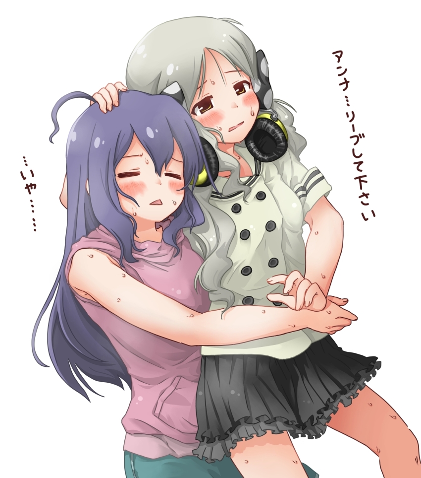 2girls =_= ahoge black_skirt blue_skirt blush bow breasts buttons closed_eyes double-breasted double-parted_bangs fuusan grey_hair hair_ribbon handa_roco headphones headphones_around_neck highres hot hug hug_from_behind idolmaster idolmaster_million_live! idolmaster_million_live!_theater_days layered_skirt long_hair miniskirt mochizuki_anna multiple_girls open_mouth parted_bangs polka_dot polka_dot_bow purple_shirt ribbon sailor_collar shirt sidelocks simple_background skirt sleeveless sleeveless_shirt sleeves_rolled_up small_breasts straight_hair sweat translation_request triangle_mouth twintails very_long_hair wavy_hair white_background white_sailor_collar yuri