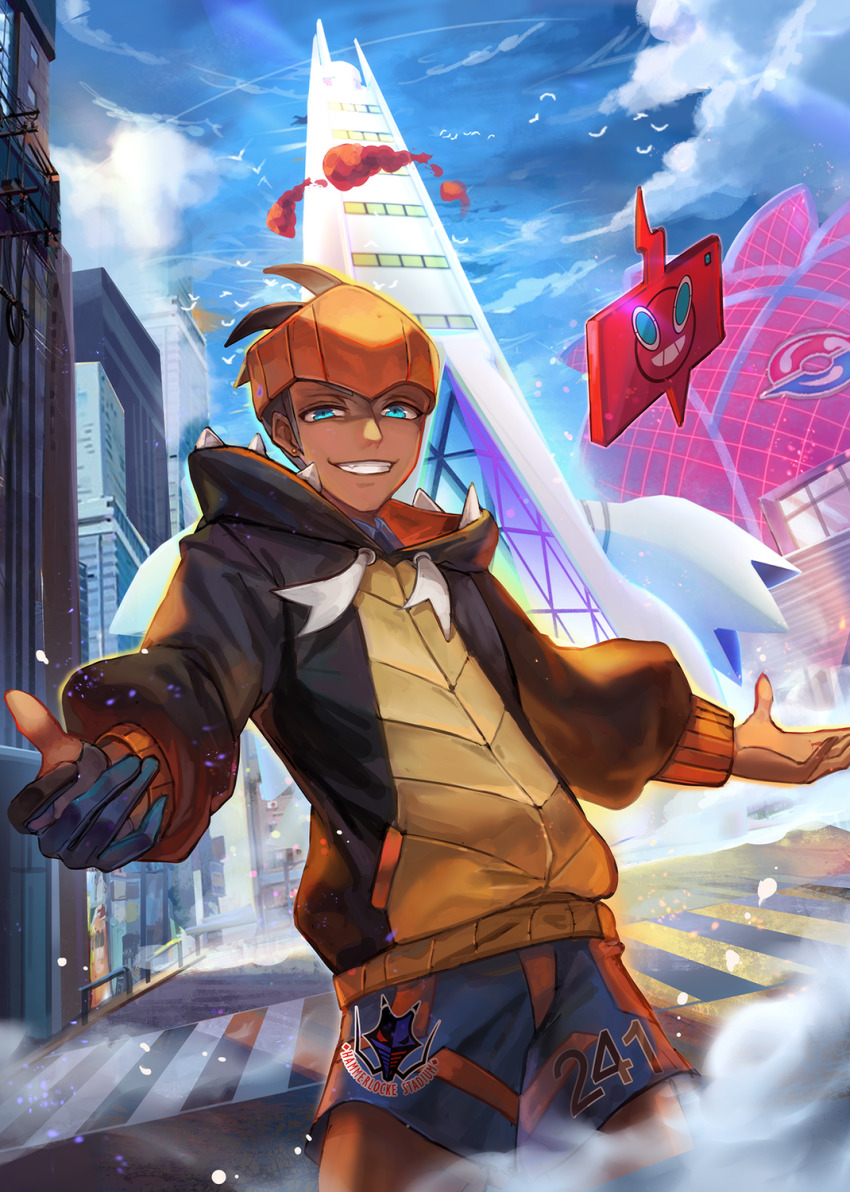 1boy aurora_rokudo bird blue_eyes blue_shorts building cloud commentary crosswalk dark-skinned_male dark_skin day duraludon earrings gen_4_pokemon gen_8_pokemon gigantamax gigantamax_duraludon gloves grin gym_leader highres hood hood_down hoodie jewelry looking_at_viewer male_focus nintendo orange_headwear outdoors partially_fingerless_gloves pokemon pokemon_(creature) pokemon_swsh raihan_(pokemon) rotom rotom_phone short_hair shorts single_glove sky smile teeth undercut