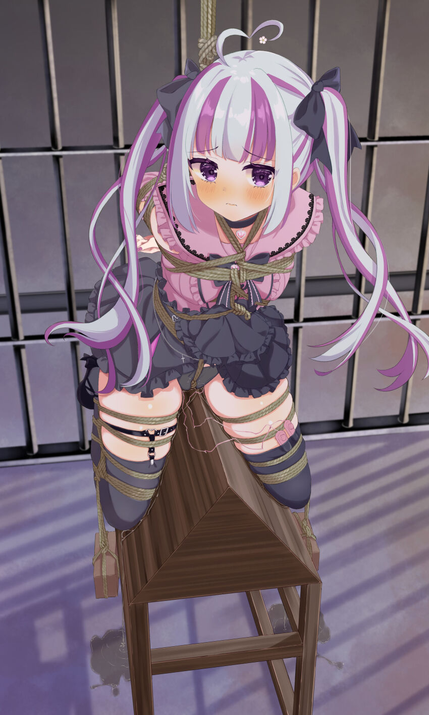 1girl absurdres ahoge arms_behind_back bars bdsm between_breasts between_legs black_bow black_panties black_skirt black_thighhighs blunt_bangs blush bondage bound bound_arms bound_breasts bound_legs bound_torso bow breast_bondage breasts brick choker clenched_hand clothes_lift commission cross crotch_rope detached_sleeves dungeon embarrassed female_focus fingernails flower frilled_shirt frilled_skirt frilled_sleeves frills hair_bow hair_flower hair_ornament hair_ribbon hamuta_(machosbrown) highres indoors jewelry lace_trim legs legs_apart long_hair long_sleeves looking_ahead looking_to_the_side medium_breasts multicolored_hair nail_polish original panties pelvic_curtain perky_breasts pink_hair pink_nails pink_shirt pleated_skirt punishment purple_eyes purple_hair pussy_juice pussy_juice_drip pussy_juice_puddle pussy_juice_trail ribbon rope sex_toy shadow shibari shibari_over_clothes shirt sidelocks skeb_commission skindentation skirt skirt_lift solo spread_legs straddling streaked_hair thigh_strap thighhighs thighs twintails two-tone_hair underwear very_long_hair vibrator vibrator_cord vibrator_in_thighhighs vibrator_under_clothes vibrator_under_panties wooden_horse