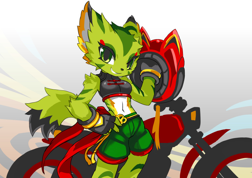 1girl 2016 absurdres animal_ears boots breasts carol_tea cat cat_ears cat_girl cat_tail chinese_clothes chinese_knot contrapposto crop_top elbow_gloves fingerless_gloves flat_chest freedom_planet freedom_planet_2 furry furry_female gloves green_eyes green_fur grin hand_on_own_hip head_tilt helmet highres krita_(medium) light_smile looking_at_viewer medium_breasts motor_vehicle motorcycle motorcycle_helmet non-web_source parted_lips red_scarf scarf shorts simple_background slit_pupils smile tail teeth three_quarter_view tsurime tyson_tan