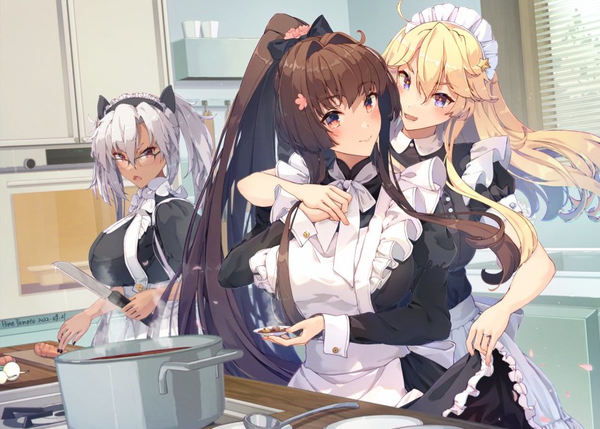 3girls alternate_costume apron black_dress blonde_hair blue_eyes breasts brown_eyes brown_hair carrot cherry_blossoms cooking dark-skinned_female dark_skin dress enmaided flower food frilled_apron frilled_dress frills glasses grey-framed_eyewear hair_between_eyes hair_flower hair_ornament hair_ribbon head_tilt headgear highres himeyamato indoors iowa_(kancolle) kantai_collection kitchen knife ladle large_breasts light_brown_hair long_hair long_sleeves maid maid_apron maid_headdress multiple_girls musashi_(kancolle) onion pointy_hair ponytail puffy_short_sleeves puffy_sleeves rectangular_eyewear red_eyes ribbon semi-rimless_eyewear short_hair_with_long_locks short_sleeves soup star-shaped_pupils star_(symbol) stove symbol-shaped_pupils tasting text_background tray twintails two_side_up waist_apron white_apron wrist_cuffs yamato_(kancolle)