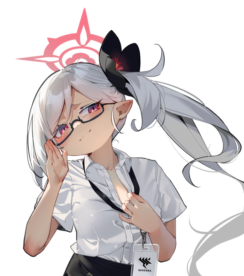 1girl alternate_costume black_flower blue_archive blush collared_shirt flower formal_clothes gehenna_academy_logo hair_flower hair_ornament halo highres id_card lanyard long_hair looking_at_viewer mesugaki mutsuki_(blue_archive) office_lady open_clothes painterliuhao partially_unbuttoned pencil_skirt pointy_ears red_eyes red_halo shirt side_ponytail simple_background skirt smile smug solo white_background white_hair white_shirt
