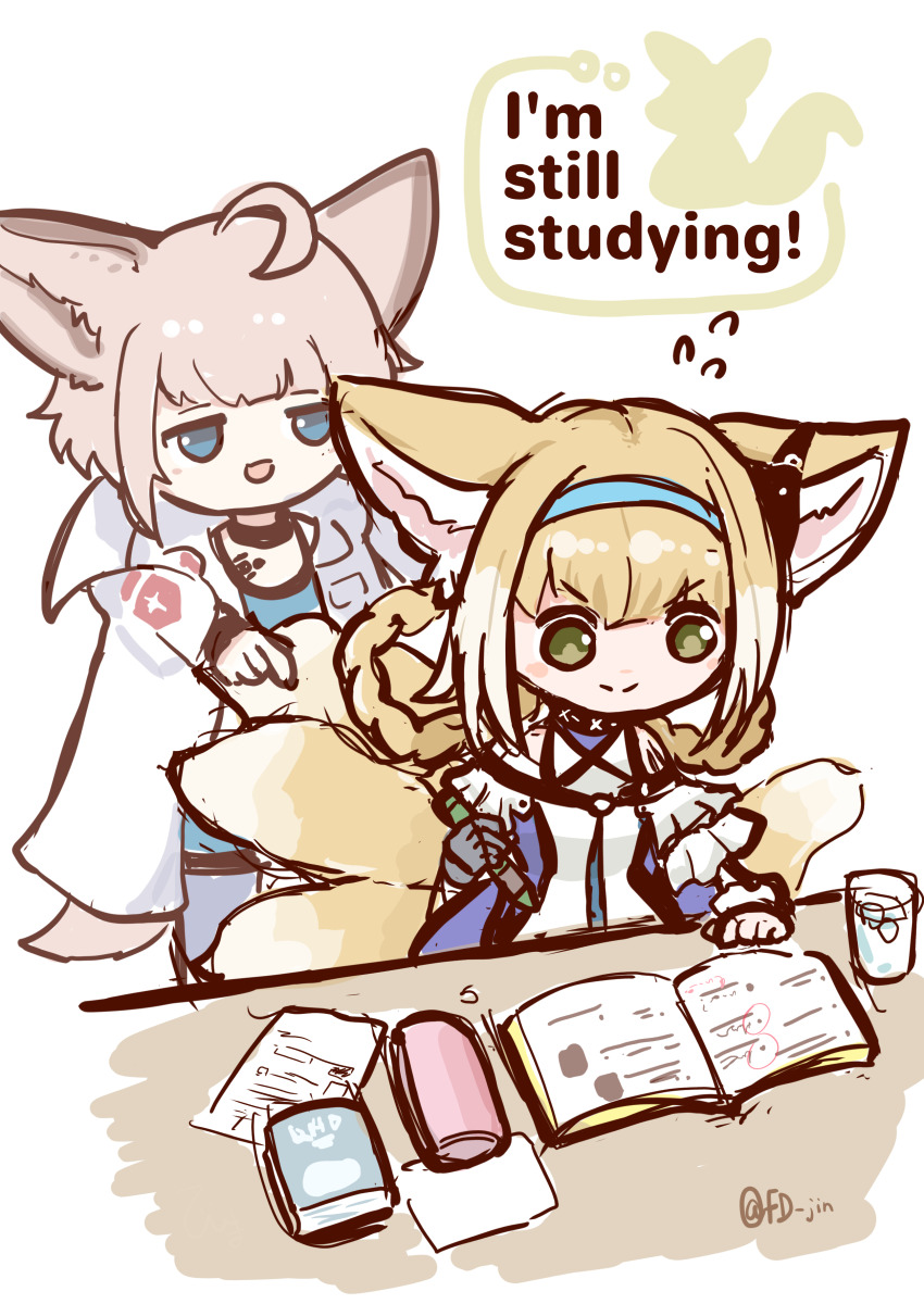 2girls absurdres ahoge animal_ears arknights black_choker blonde_hair blue_eyes blue_hairband braid braided_hair_rings check_commentary choker coat commentary_request earpiece english_text fox_ears fox_girl fox_tail green_eyes grey_hair hair_rings hairband highres himajin_(fd_jin) holding holding_pencil infection_monitor_(arknights) kitsune kyuubi lab_coat material_growth multiple_girls multiple_tails one-hour_drawing_challenge open_mouth oripathy_lesion_(arknights) pencil sussurro_(arknights) suzuran_(arknights) tail twin_braids white_coat