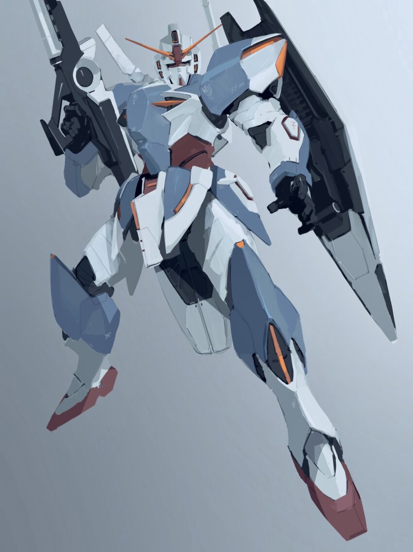 full_body gradient_background green_eyes gun gundam head_tilt highres holding holding_gun holding_weapon looking_down mecha mobile_suit no_humans open_hand original rintaro_komori robot science_fiction shadow shield solo v-fin weapon