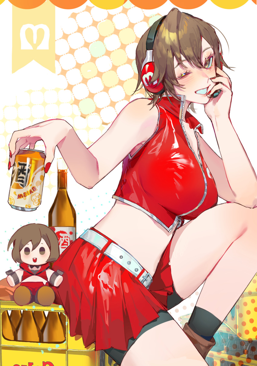1girl absurdres alcohol belt blush bottle breasts brown_eyes brown_hair can character_doll commentary crop_top drink_can eyelashes from_side hair_between_eyes headphones headset highres holding holding_can kako_(pixiv77158173) knee_up large_breasts looking_at_viewer meiko_(vocaloid) midriff nail_polish one_eye_closed pleated_skirt red_nails shiny_clothes shirt short_hair shorts shorts_under_skirt skirt sleeveless sleeveless_shirt smile solo teeth thighs vocaloid white_belt