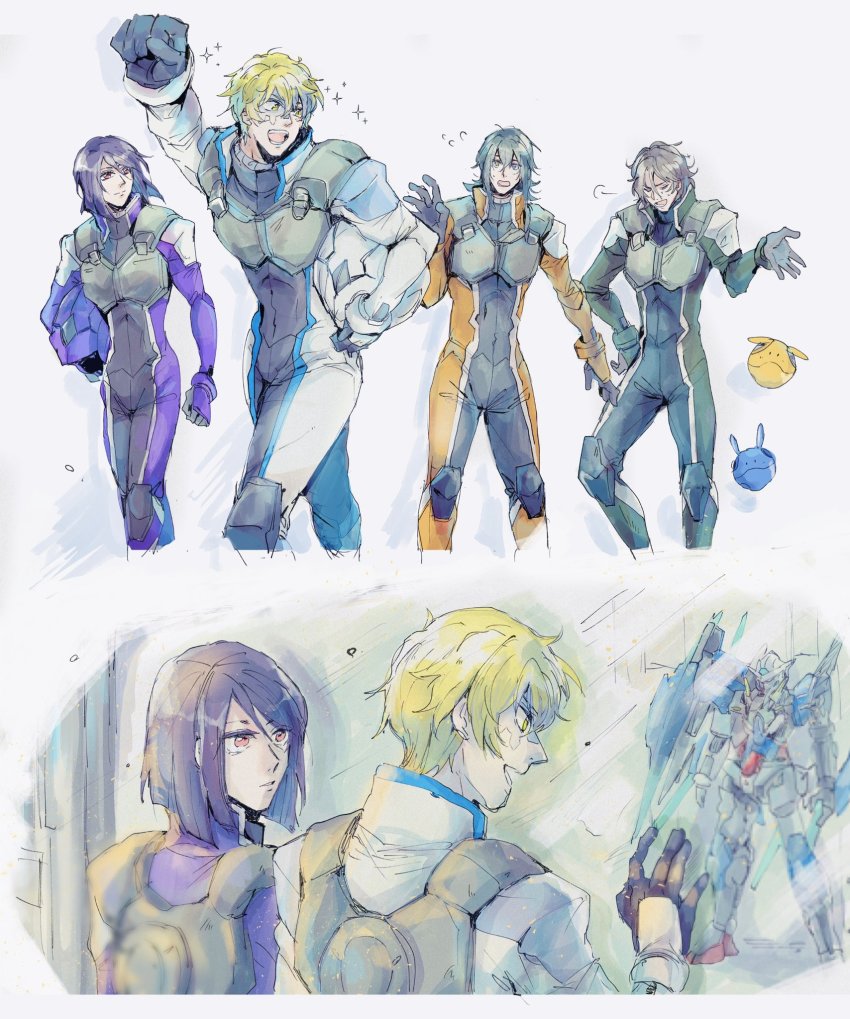 4boys allelujah_haptism black_gloves blonde_hair brown_hair clenched_hand closed_eyes glasses gloves graham_aker gundam gundam_00 gundam_00_festival_10_&quot;re:vision&quot; gundam_exia_repair_iv hair_between_eyes haro helmet highres holding holding_helmet kare_(0621utak) laetitia_erde lockon_stratos mecha mobile_suit multiple_boys open_hand open_mouth parted_lips pilot_suit purple_hair red_eyes robot smile surprised unworn_headwear unworn_helmet v-fin
