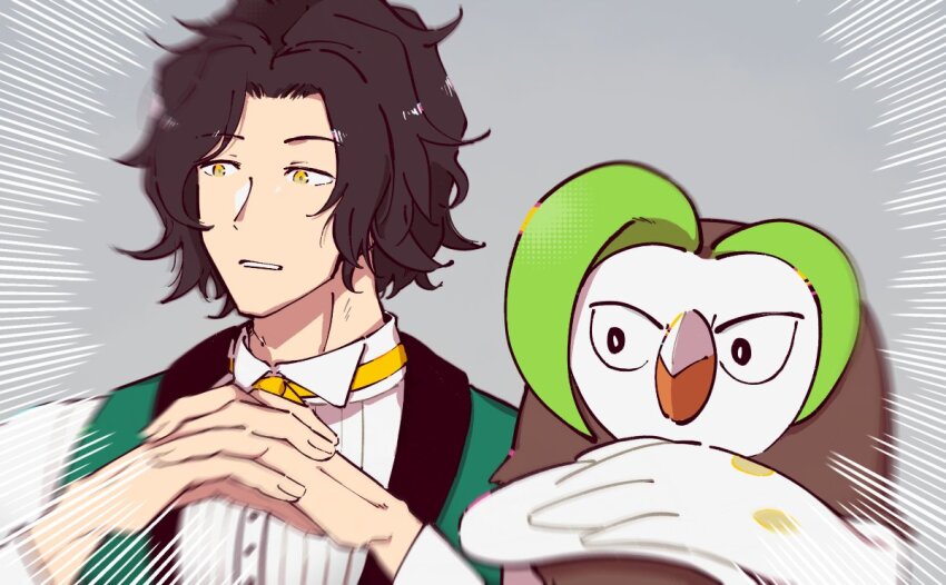1boy 1other bird black_hair bow bowtie crossover eifilet fire_emblem fire_emblem_engage green_vest looking_to_the_side louis_(fire_emblem) nintendo owl own_hands_together pokemon pokemon_(creature) upper_body vest yellow_bow yellow_bowtie yellow_eyes